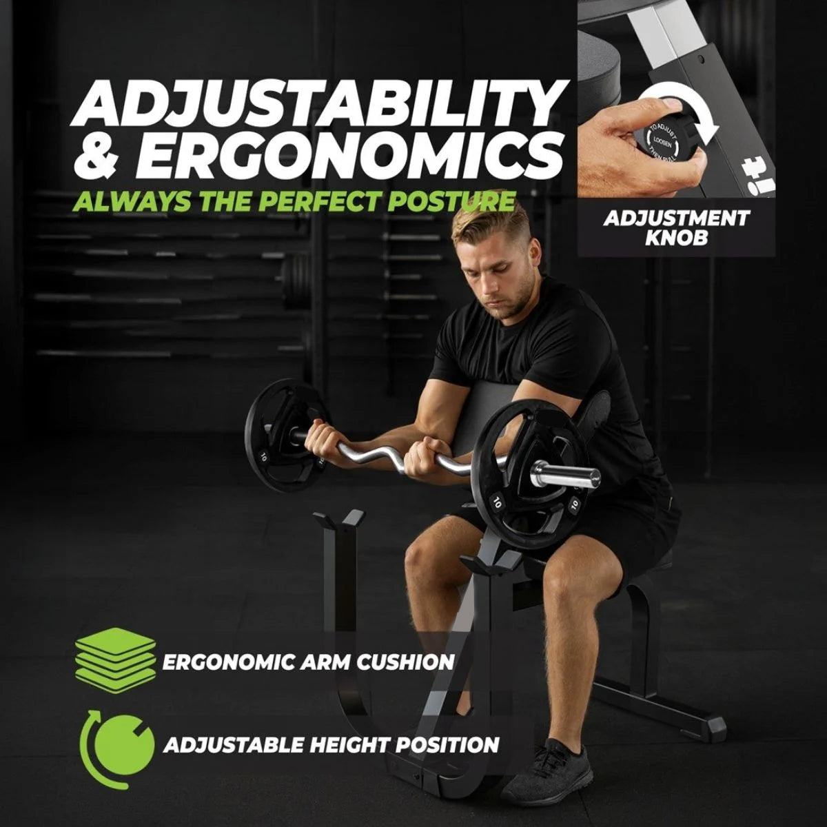 Adjustable Preacher Curl Bench, Bicep DB Incline EZ Bar Weight Set