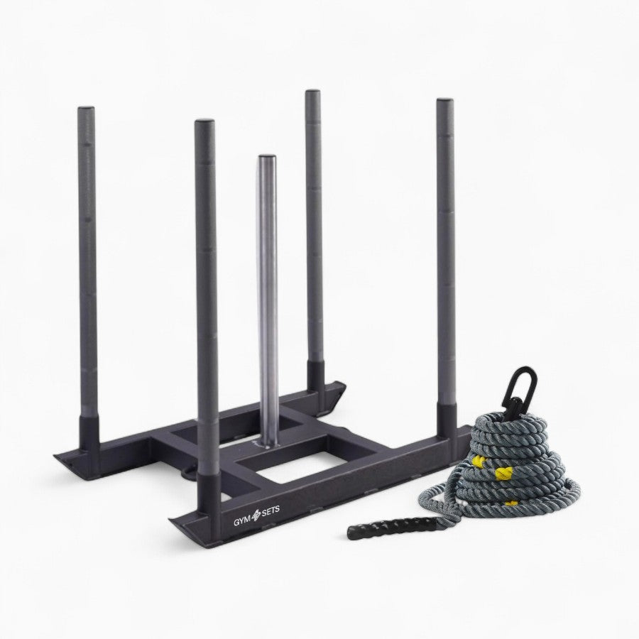 Commercial Hyrox Gym Sled Push And Pull Weight Training Equipment With Wheels For Functional Fitness, Resistance Workouts, And Strength Performance Sessions.