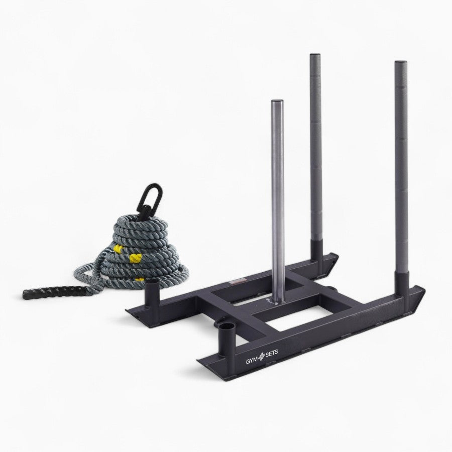 Commercial Hyrox Gym Sled Push And Pull Weight Training Equipment With Wheels For Functional Fitness, Resistance Workouts, And Strength Performance Sessions.