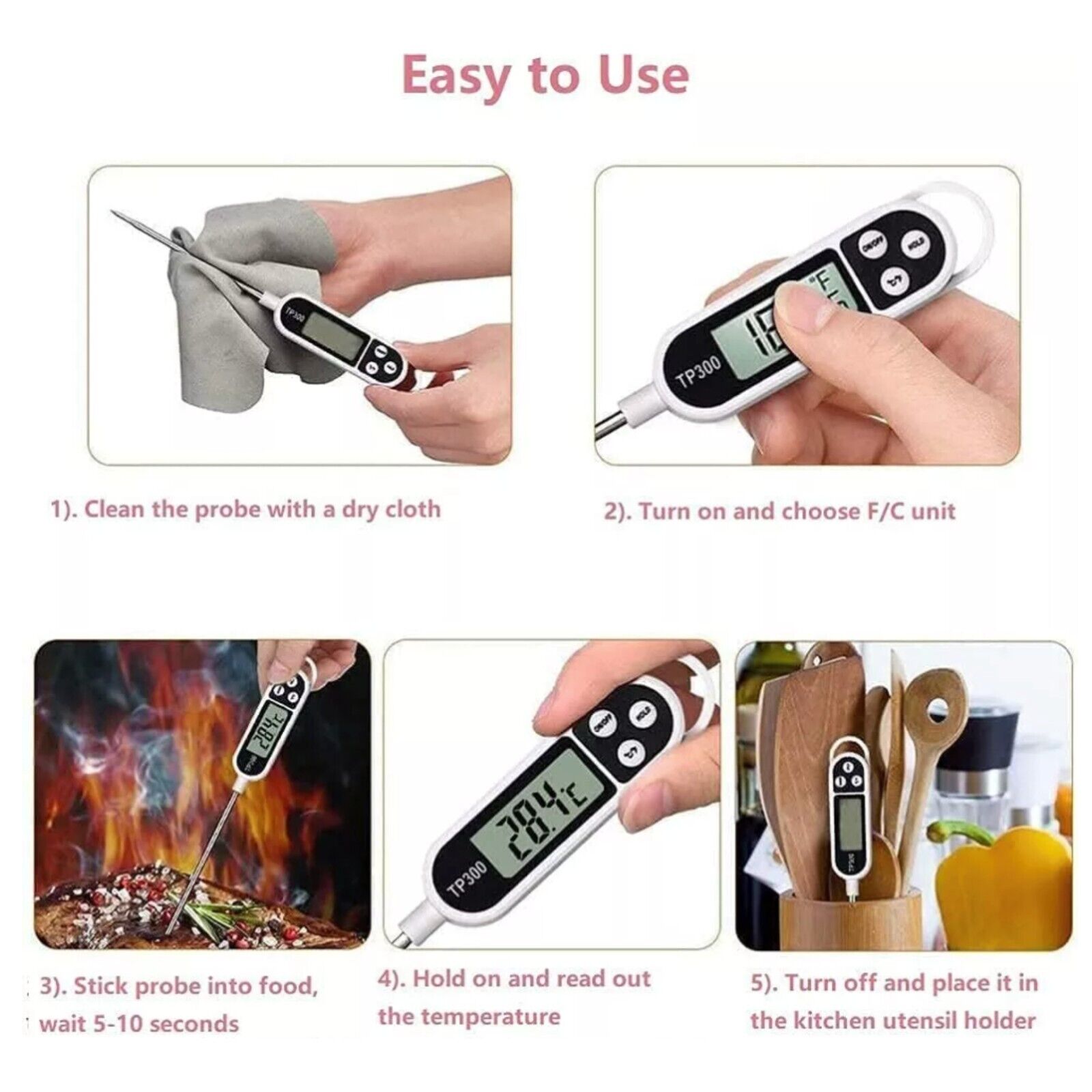 Digital Kitchen Thermometer with Probe, Cooking Meat Food Temperature